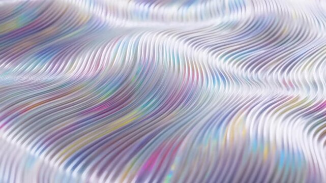 Iridescent wavy lines on white surface with pastel rainbow colors and soft focus