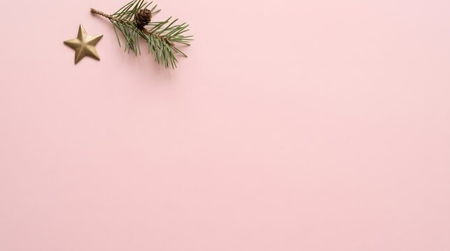 A festive and minimalist christmas scene unfolds with delicate pine branches and a shimmering golden star against a soft blush pink backdrop evoking