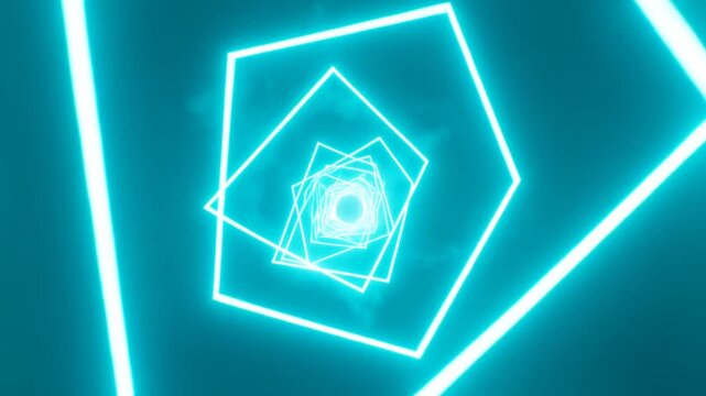 Neon geometric tunnel of nested squares glowing against a dark red background