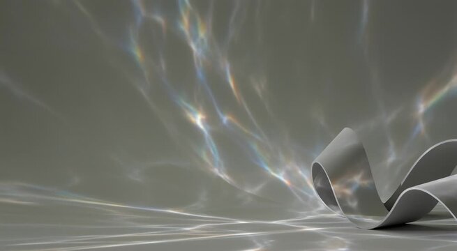 Minimalist light art: crystal clear prismatic glass wave pattern with rainbow light dispersion and over 80% negative space.