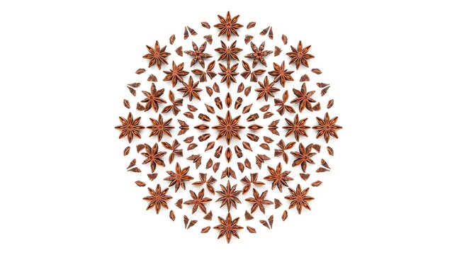 Symmetrical mandala pattern created from dried star anise spices arranged on a white background