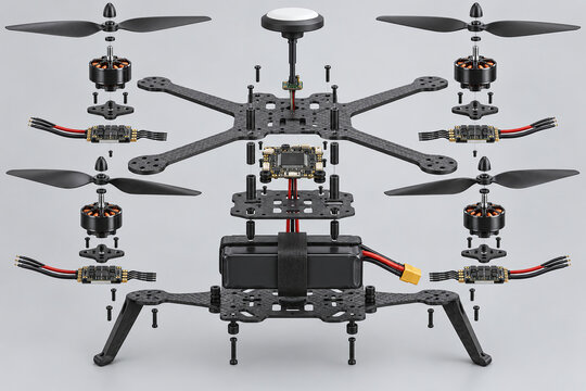 Exploded Quadcopter Drone Components Technical Illustration