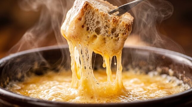 Close Up of Bread Dipped in Melted Cheese Fondue with Strings
