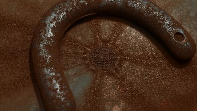 Rusty curved metal bracket on a weathered silver surface in closeup