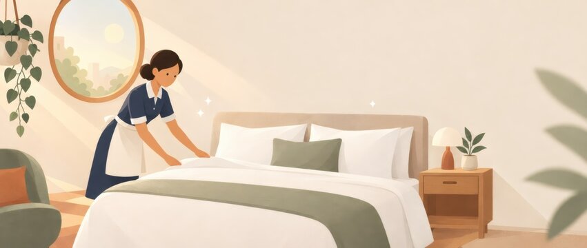 Housekeeper making a bed in a bright, plant-filled bedroom. Hotel housekeeping and room service. Hospitality, cleanliness and daily routine. Cozy home interior illustration with copy space.