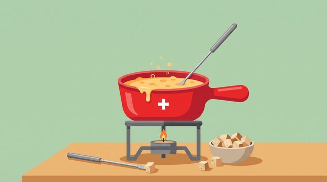 Flat Vector Illustration of Traditional Swiss Cheese Fondue Pot and Bread
