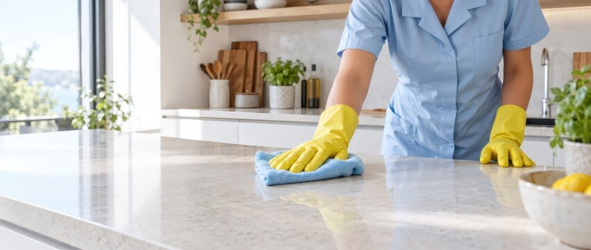 Person in gloves wiping kitchen countertop with cloth. Kitchen cleaning and household maintenance. Hygiene, sanitation and domestic chores. Home care and cleaning service concept.