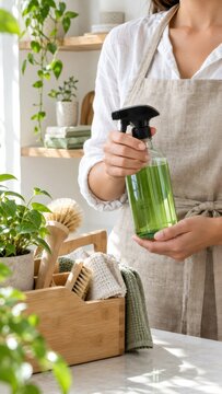 Person holding spray bottle of green plant care solution beside indoor plants and wooden cleaning caddy. Houseplant maintenance and natural home care. Eco friendly cleaning and sustainable