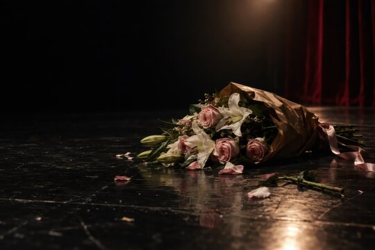 Bouquet of roses and lilies wrapped in paper on a theater stage. Floral tribute and performance celebration. Romantic gift for weddings, anniversaries and special occasions. Copy space