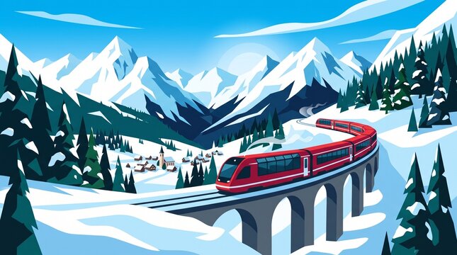 Vector Illustration of Red Luxury Train Traveling Through Swiss Alpine Winter Landscape
