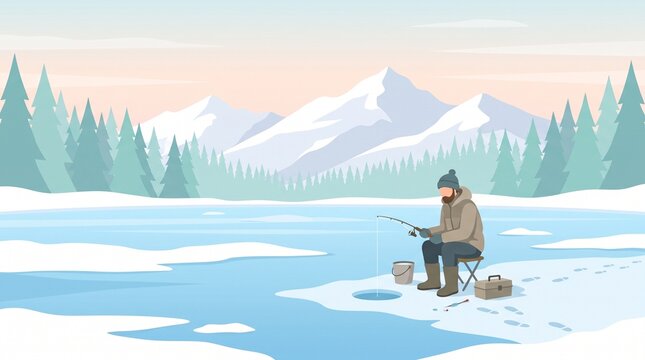 Ice Fishing Vector Illustration Flat Art Design