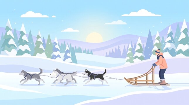 Husky Sled Ride Winter Vector Illustration Flat Design
