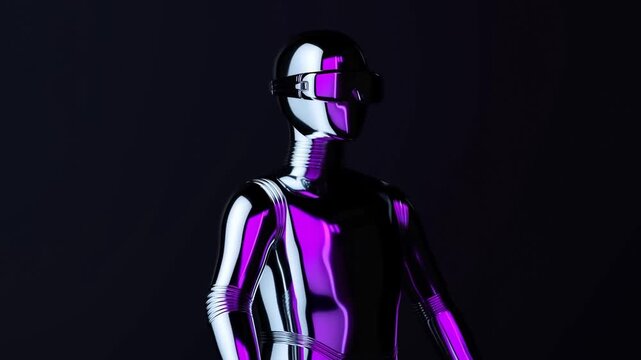 Chrome humanoid robot with visor standing still against dark background in purple light