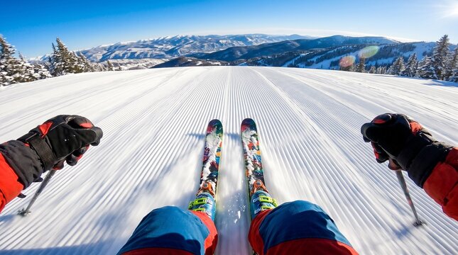 First Person POV of Skier Speeding Down Groomed Slope in the Alps