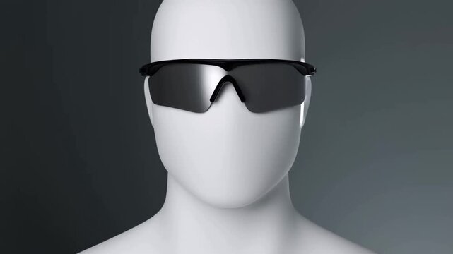 White mannequin wearing a black wraparound visor against a dark studio background