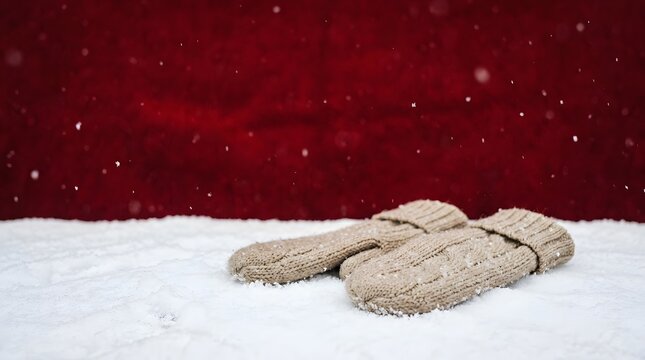 A serene winter scene unfolds with a pair of cozy warm mittens resting peacefully on a blanket of pristine white snow evoking the