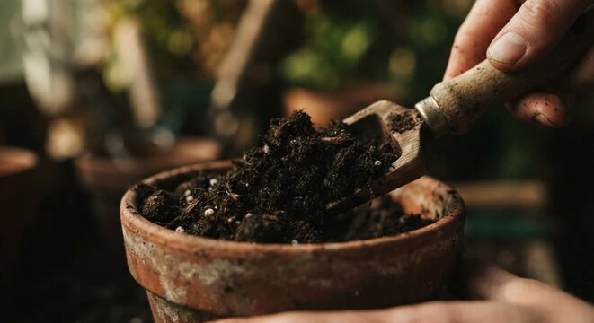 Scooping Organic Potting Soil into Terracotta Flower Pot for Planting