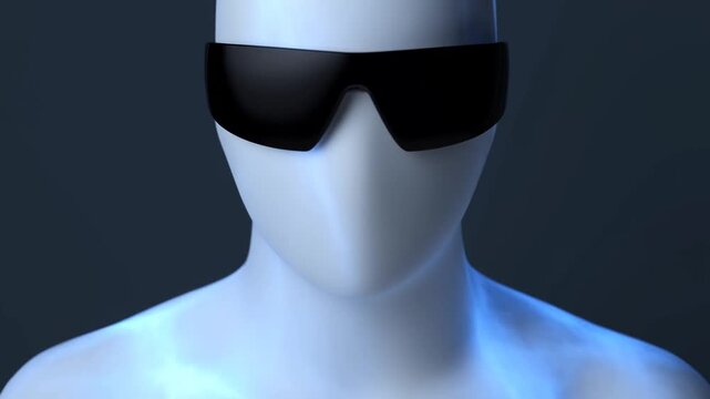 Faceless 3D figure wearing black visor sunglasses stands against dark blue background with soft glow