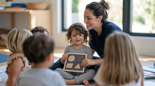 Preschool teacher demonstrating basic shapes using a felt board while children sit attentively on a carpet, handmade circles, squares and triangles, warm natural lighting,