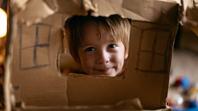 Close-up of a young boy peeking through a cardboard box fort, wide curious eyes and a mischievous