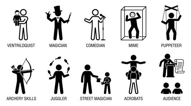 Performing arts stick figures, a collection of entertainer icons, various talent show characters, and audience members, ideal for event promotion and creative projects.