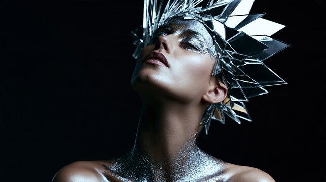 Close-up portrait of a model tilting her chin upward with a fierce unblinking stare, metallic
