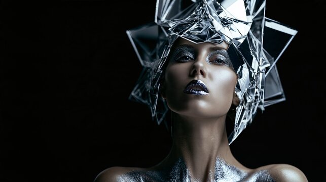 Close-up portrait of a model tilting her chin upward with a fierce unblinking stare, metallic