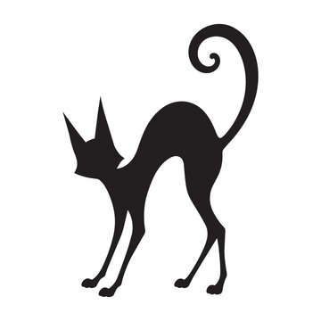 Black cat silhouette featuring an arched back and curled tail. A spooky minimalist design perfect for Halloween themes, isolated on a white background.