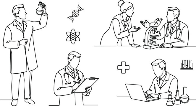 Laboratory Science and Medical Research Vector Icon Set Featuring Scientists Discussing over Microscope, Chemist Holding Flask, Doctor Writing on Clipboard, and Laptop Data Illustrations