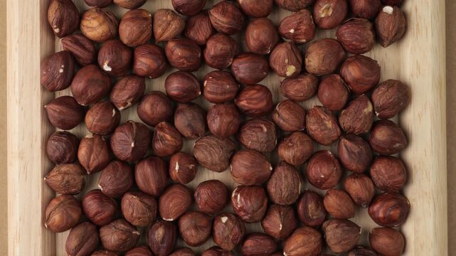Dolly shot over raw hazelnuts arranged in wooden tray