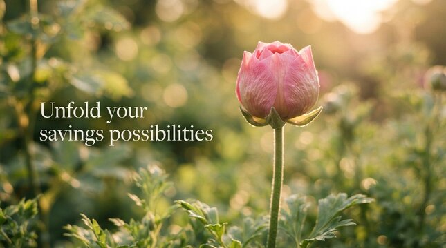 Pink tulip bud emerging in green garden with text urging viewer to unfold savings possibilities for banking advertisement.