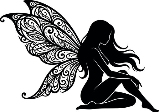 Beautiful Fairy Silhouette with Detailed Floral Wings Sitting Down for Fantasy Art Tattoo Designs Storybook Illustrations and Mystical Brand Identity