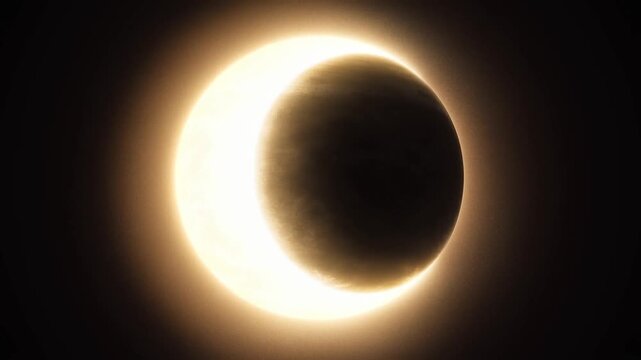 Dark silhouette of solar eclipse with glowing golden ring of light against black sky