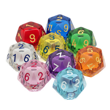 Assorted colorful polyhedral dice on a surface