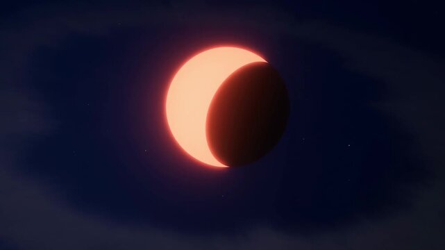 Dark planet silhouette crossing orange star, partial eclipse progressing across glowing sun disk