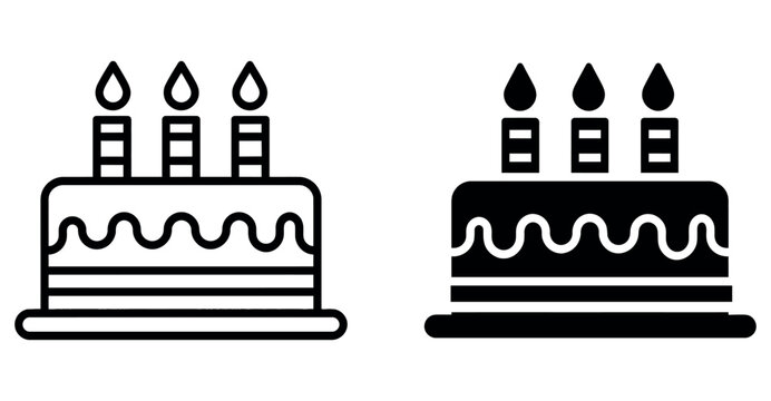 Birthday cake icons in black and white outline and glyph style vector illustration set.