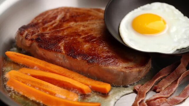 Steak, fried egg and bacon cooking in skillet with carrot sticks in melted butter