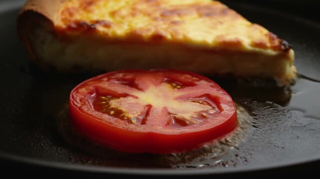Tomato slice and cheese omelet resting in an oiled frying pan closeup