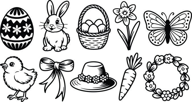 Easter Spring Vector Icon Set with Decorated Eggs, Bunny, Chick, Basket and Floral Wreath