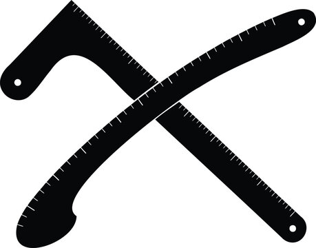 Black silhouette of two crossed tailor's curves and rulers with measurement markings measuring tool sewing