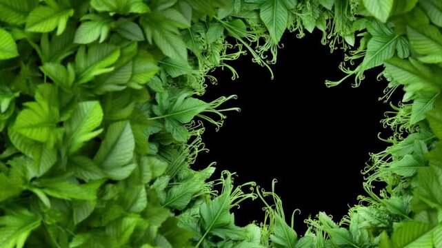 Green leaves and fern fronds forming round frame around empty black center background