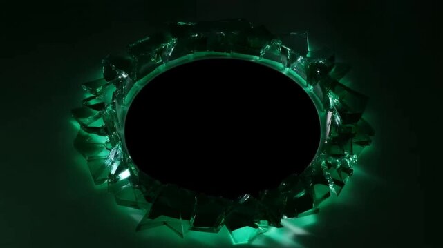Green glowing crystal frame around black oval center on dark background, static view