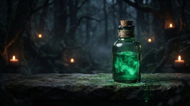 Mystical green potion bottle on stone table, dark spooky forest background, glowing candles, magic alchemy concept, atmospheric fantasy night photography