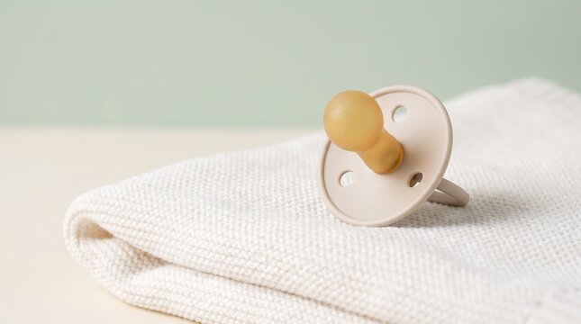 A minimalist shot of a single aesthetic baby pacifier resting on a soft white hospital blanket with soft pastel background and studio lighting