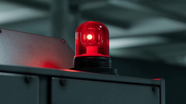 Red warning beacon glowing on dark metal industrial enclosure with blurred background