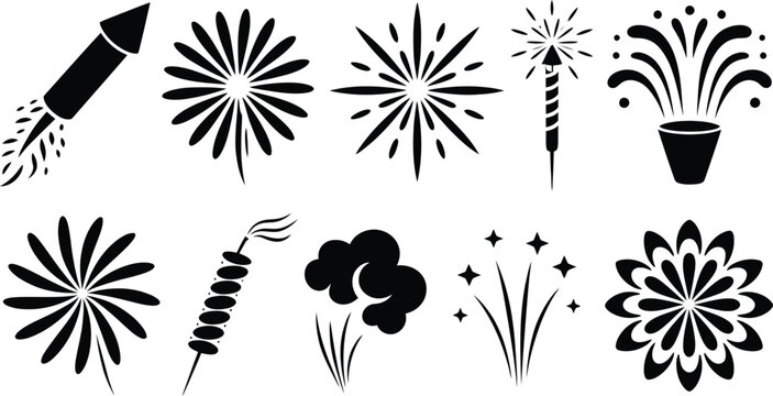 Fireworks Vector Icon Set with Rockets, Sparklers, Colorful Bursts and Celebration Effects