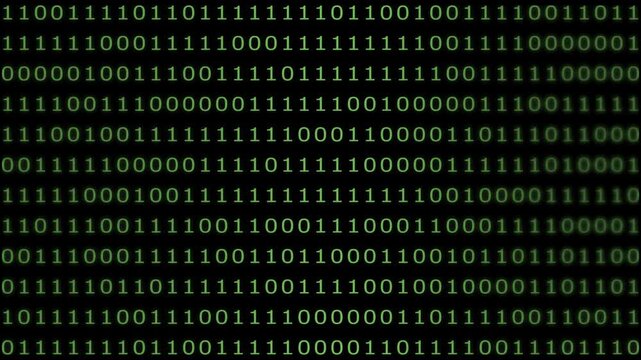 Matrix green binary code streaming animation. Binary code numbers sequence. Digital binary code scrolling on black screen representing data stream in computer cyberspace. 4k video