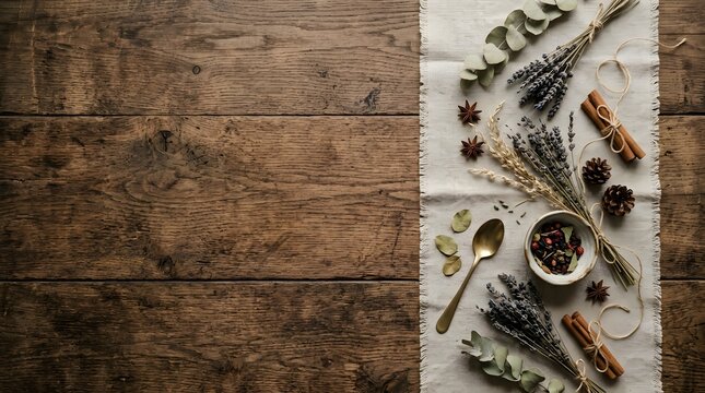 A beautifully arranged flat lay showcases a rustic wooden background contrasted with a sophisticated collection of silver cutlery creating a warm and inviting
