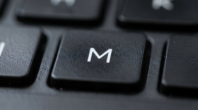 Macro photography highlighting the specific typographic letter key on a modern personal computer desktop keyboard for typing and digital data input operations letter M computer keyboard keypad tech