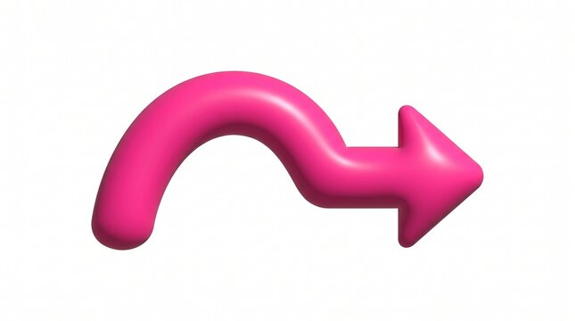 A bright pink 3d arrow icon pointing to the right with a curved shape for web design and digital user interface